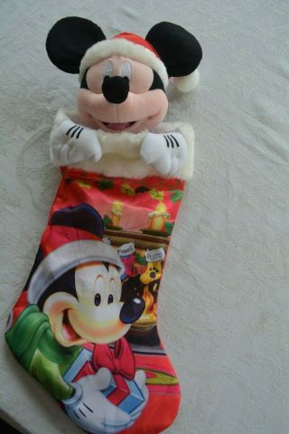Disney Mickey Mouse Plush Christmas Holiday 16 " Stocking Red Silk 3d White Fur