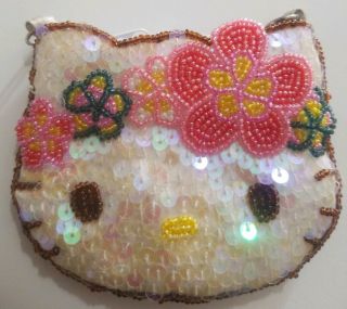 Sanrio Hello Kitty Beaded Sequin Coin Purse Wristlet Pink Flower
