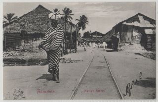 Zanzibar Africa Ethnic Printed Postcard Of Railway Track & Native Street C.  1912