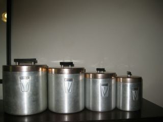 Set Of 4 Maid Of Honor Canisters Mid - Century Aluminum With Copper Tops