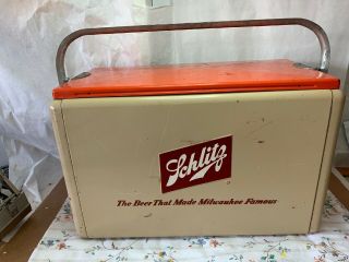 1950s Schlitz Beer Metal Cooler W/ Orange Top & Locking Handle W/ Tray