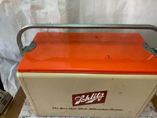 1950s SCHLITZ BEER Metal COOLER w/ Orange Top & Locking Handle w/ TRAY 2
