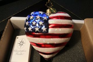 Christopher Radko American Flag Brave Heart USA Patriotic Glass Ornament Large N 2