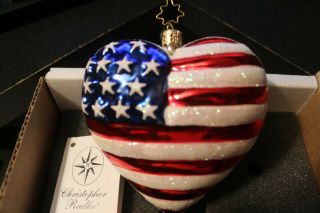 Christopher Radko American Flag Brave Heart USA Patriotic Glass Ornament Large N 3