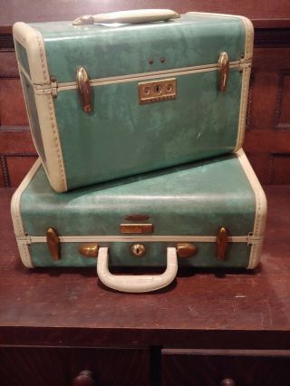 Vintage Samsonite Overnight Bag And Train Case Set Marbled Green Shwayder Bros