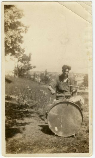 Drummer In Overalls Playing Drum Kit Set Outside In Yard Vtg 30s B&w Photo Oc006