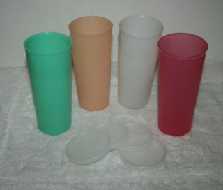 Set Of 4 Vintage Tupperware 16 Oz Tall Pastel Tumbler Glasses 107 - 39 With Lids