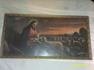 Vintage Jesus With Sheep Herd Wall Hanging Picture Very Old
