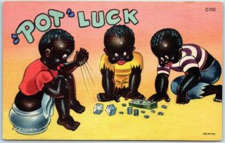 1940s Black Americana Linen Postcard " Pot Luck " Black Boys Playing Craps Dice