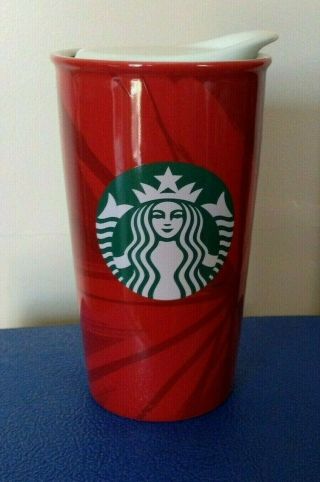 Starbucks Red Brushed Ceramic Drink Travel Mug Tumbler 12 Fl Oz Cup = 2014