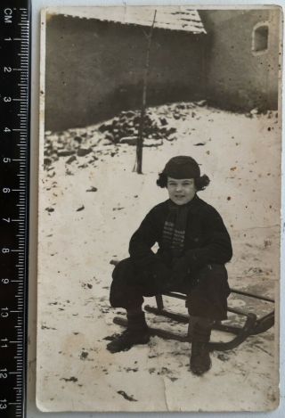 Pre - Ww2,  Polish Boy With Sled Child Zdolbunov Zdołbunów Ukraine Poland Old Photo