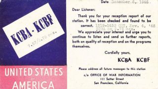 1945 Qsl: Radio Kcba,  San Fransisco,  Usa " 3c Win The War Stamp "