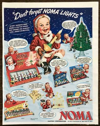 1948 Noma Christmas Lights Print Ad Toddler Tree Snow Santa Suit Bubble Lights