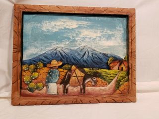Vintage Mexican Folk Art Carved Wood Picture,  Scenic W/ Man & Burrow,  Painted 3d