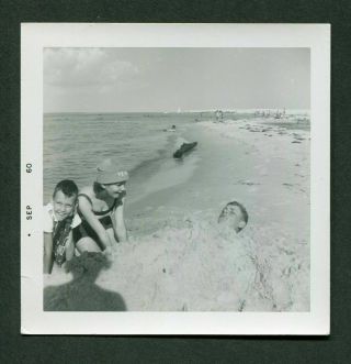 Unusual Vintage Photo Boy & Girl Bury Sleeping Man In Sand Shadow 993065
