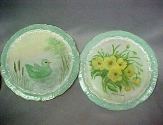 Vintage 2 Porcelain Trivets Hand Painted Duck And Flowers Signed Vgc E