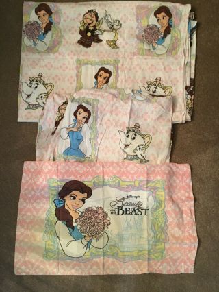 Vtg Beauty And The Beast Twin/flannel Flat/fitted Bed Sheet W/pillowcase Disney