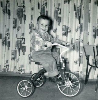 Vt52 Vtg Photo Boy On His Tricycle,  Picture Window Drapes C 1950 