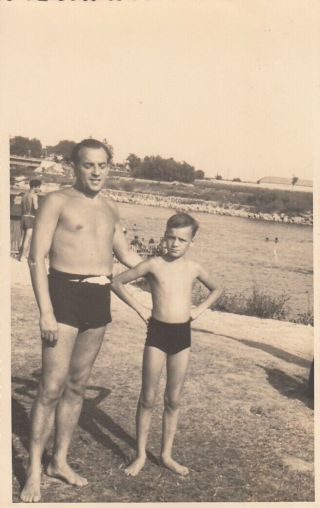 Semi Nude Man & Skinny Boy In Swimming Trunks Beach Scene Real Photo Postcard