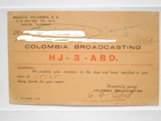 Qsl Card From Radio Station Hj - 3 - Abd Colombia Broadcasting 1935