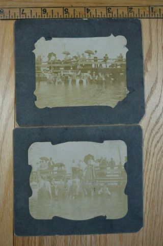 2 Antique Card Mounted Photos Group Of People Swimming Dock Boardwalk Pier