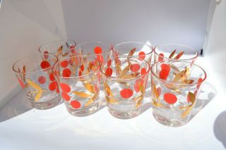 Set Of 8 Vintage Glasses Mid Century Drinking Cocktail Mcm Red Gold