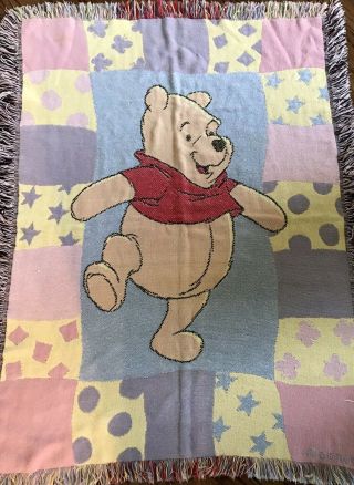 Disney Winnie The Pooh Baby / Child Woven Tapestry Throw Blanket Fringe Pastels