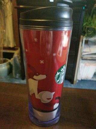 Starbucks Coffee Travel Mug 16 Oz Christmas Tumbler Cup 2011 Red Sled Dog Child
