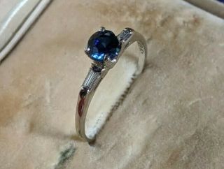 Vintage 14k White Gold Diamond Ring Lab Sapphire Size 8.  5