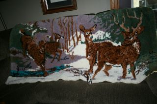 Vintage Hand Hooked Rug Large Latch Hook Deer Pattern Winter Scene 68 " X 36 "