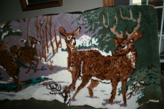 Vintage Hand Hooked Rug Large Latch Hook Deer Pattern Winter Scene 68 
