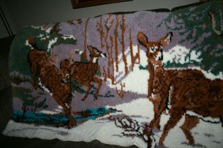 Vintage Hand Hooked Rug Large Latch Hook Deer Pattern Winter Scene 68 