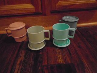 Tupperware Mugs,  Set Of 4 With The Coaster Lids Blue Pink Grey And Rose