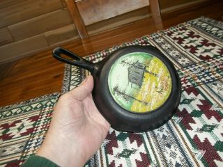 Vintage Hand Painted Cast Iron Pan Signed By Another Emmy " Cabin Scene "