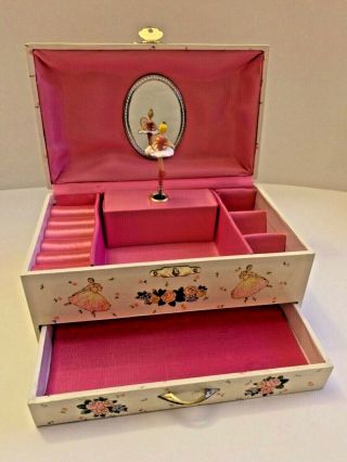 Vintage Ballerina Dancing Jewelry Wooden Music Box With Drawers Pink