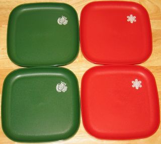 Vintage Tupperware Holiday Square Plates,  Red & Green,  Set Of 4,  Vgc 8 "