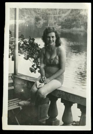 Vintage Photo Pretty Flapper Girl In Swimsuit Poses Next To Lake 1931