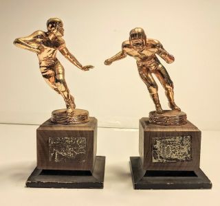 Vintage Metal Football Trophies On Wood Base Set Of 2 Mid Century