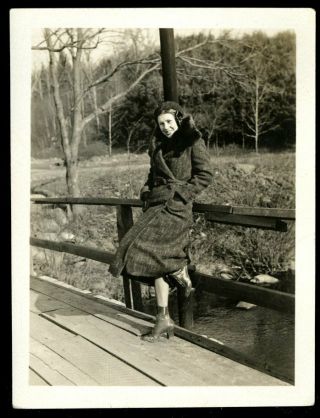 Vintage Photo Pretty Flapper Girl Poses On Wood Bridge Fashion Cloche 1931