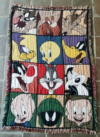 1996 Vintage Looney Tunes Throw Blanket Warner Bros Patchwork Bugs Daffy Taz