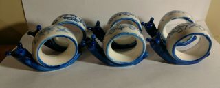 6 Vintage French Porcelain Snail Napkin Rings Cobalt Blue & White Floral