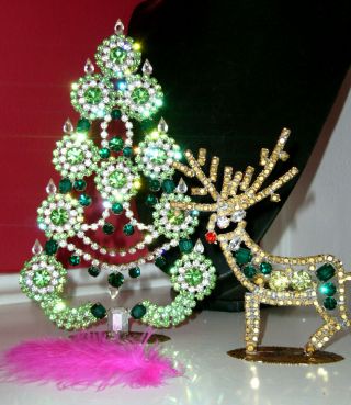 2x Vintage Glass Rhinestone Stand Up Christmas Reindeer Signed T446