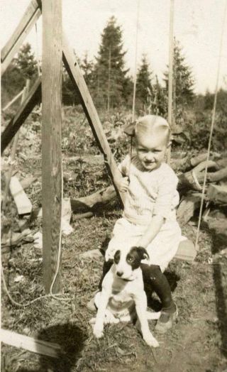 Q155 Vtg Photo Child On Swing With Puppy Dog C Early 1900 