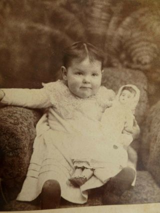 Cabinet Card Photo Little Girl Rests Arm On Chair Holding Toy Doll Vergennes Vt