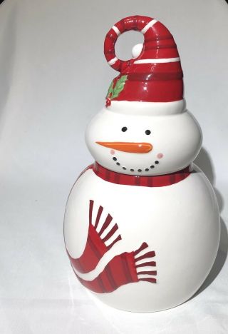 Adorable 13 Inch Pier 1 Ceramic Tabletop Christmas Snowman Cookie Or Candy Jar