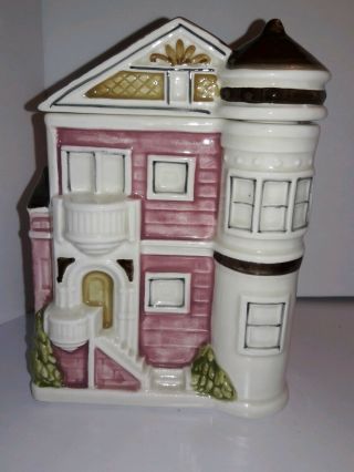 Otagiri Pink Hand Painted Ceramic Victorian Style House Cookie Jar W Lid