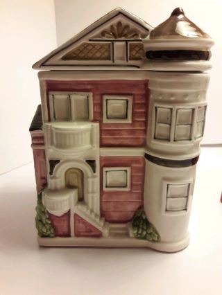 Otagiri Pink Hand Painted Ceramic Victorian Style House Cookie Jar W Lid 2