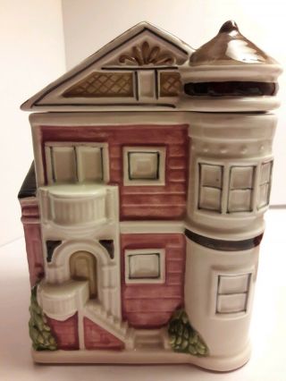 Otagiri Pink Hand Painted Ceramic Victorian Style House Cookie Jar W Lid 3