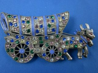 Vintage Coro Craft Brooch Pin Covered Wagon Pulled By Oxen