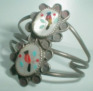 Vintage Navajo Sterling Silver Inlay Cuff Double Concho Bird Turquoise Bracelet